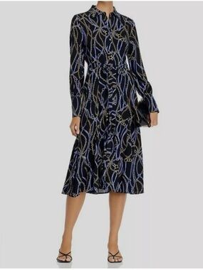 NWT Aqua Button-Front Navy Chain Print Midi Shirt Dress L NWT